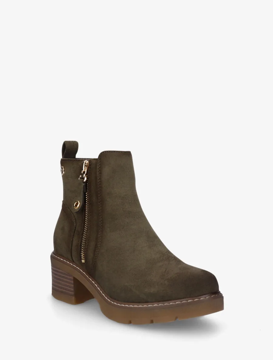 Bottines en suédine à zip décoratif - Kaki