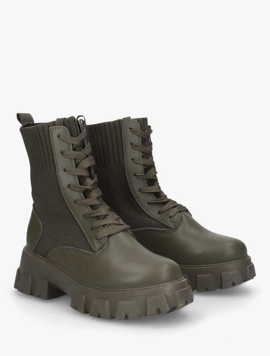 Bottines montantes à lacets style chaussettes - Kaki