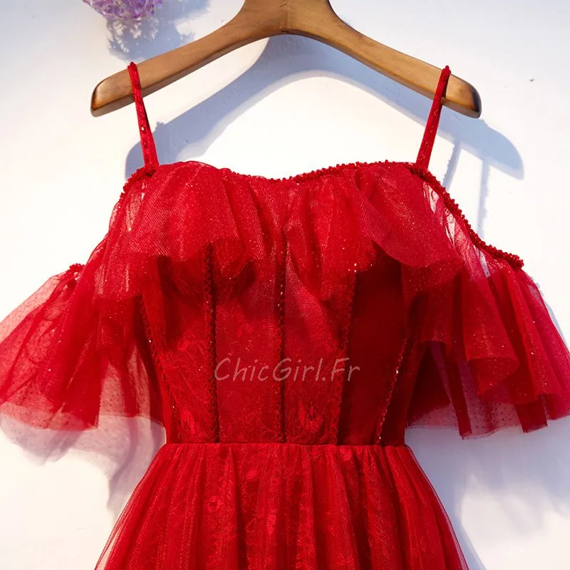 Robe De Bal Longue Rouge Tulle Dentelle Volant Epaule Avec Bretelle