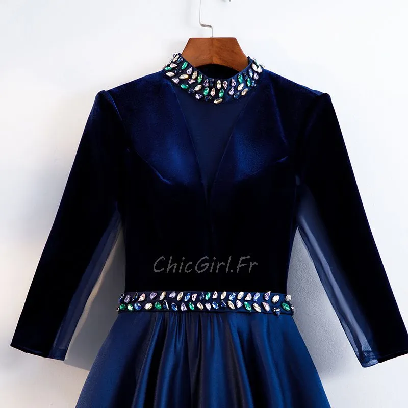 Robe De Soirée Col Montant Manche 3 4 Longue Bleu Marine Satin Avec Strass
