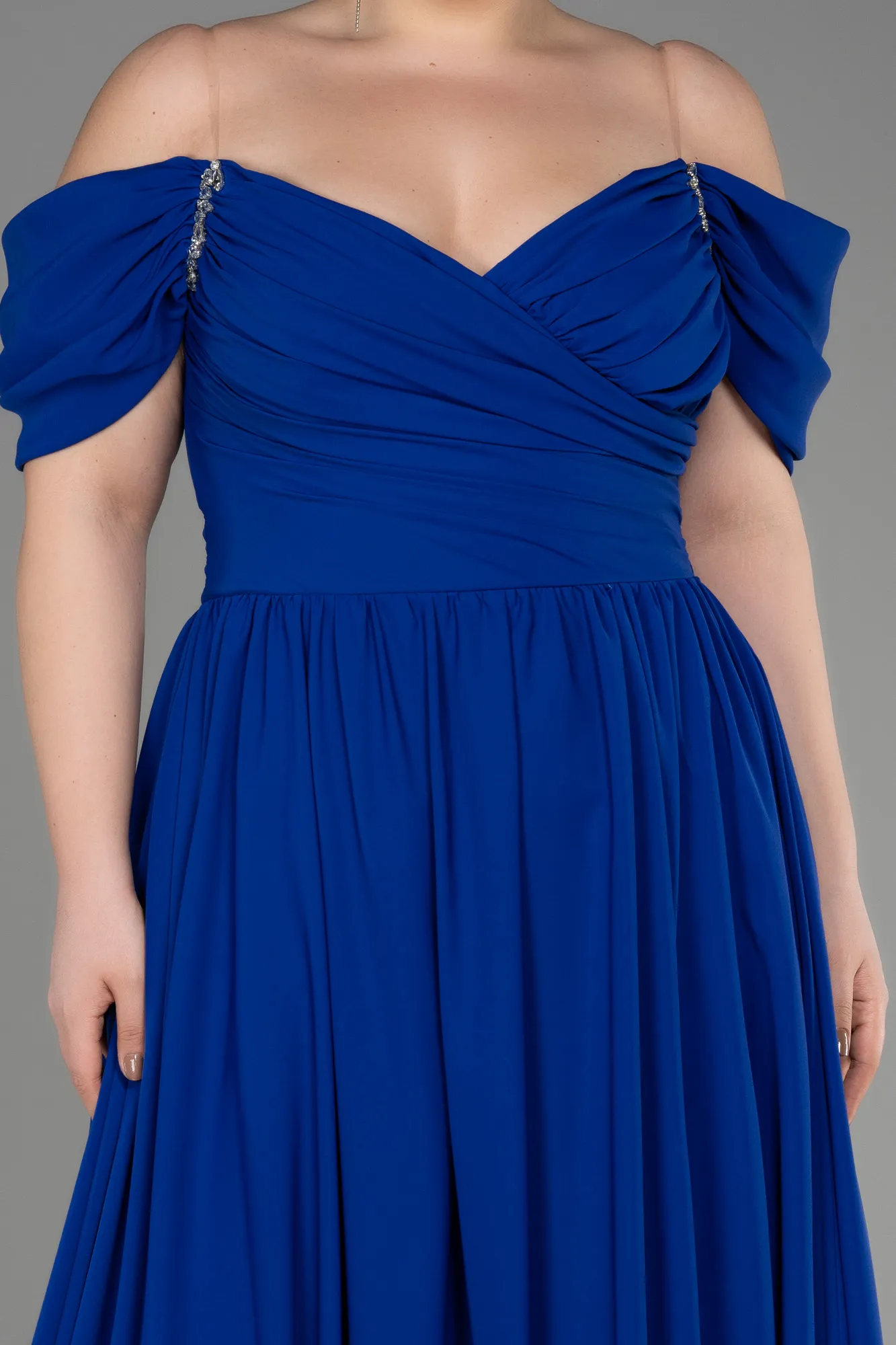 Robe De Soirée Grande Taille Mousseline Longue Bleu Saxe ABU3738