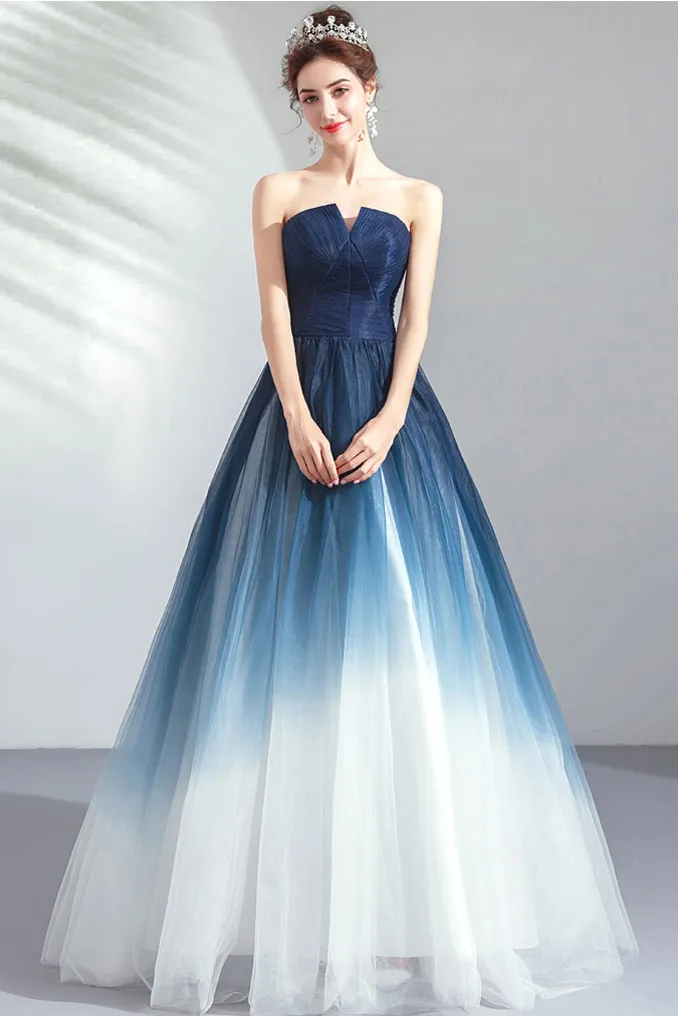 Robe de soirée princesse bleu blanc dégradé bustier découpé