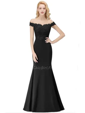 Robe De Soirée Sirène Longue Noire Satin Dentelle Epaule Dénudée