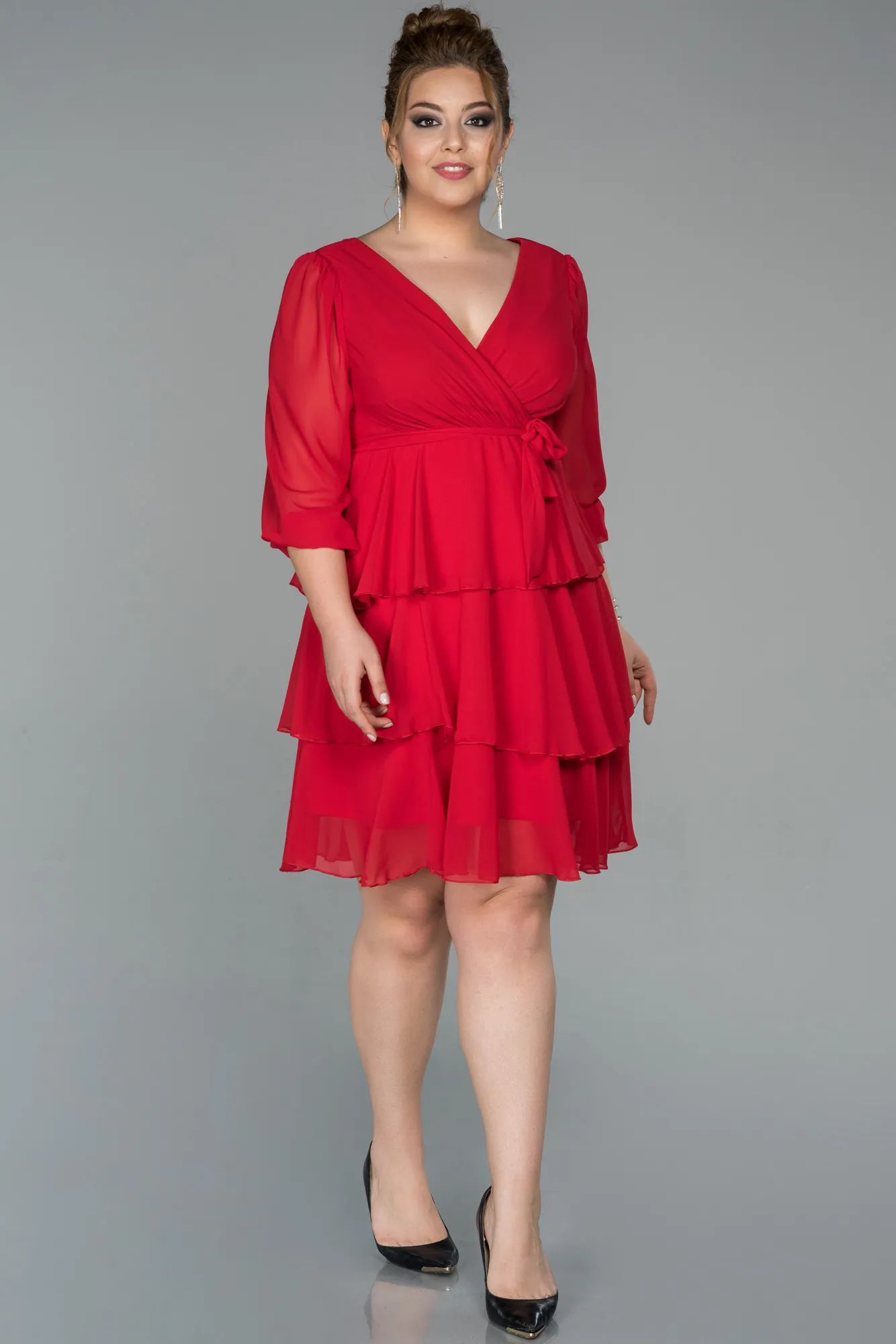 Robe Grande Taille Mousseline Courte Rouge Bordeaux ABK1002